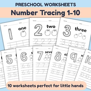 Number tracing 1-10 preschool worksheets, Math printable kindergarten handwriting practice, PreK PDF download