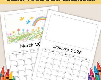 Calendario para colorear 2026 imprimible, dibuja tu propio calendario mensual, calendario creativo DIY