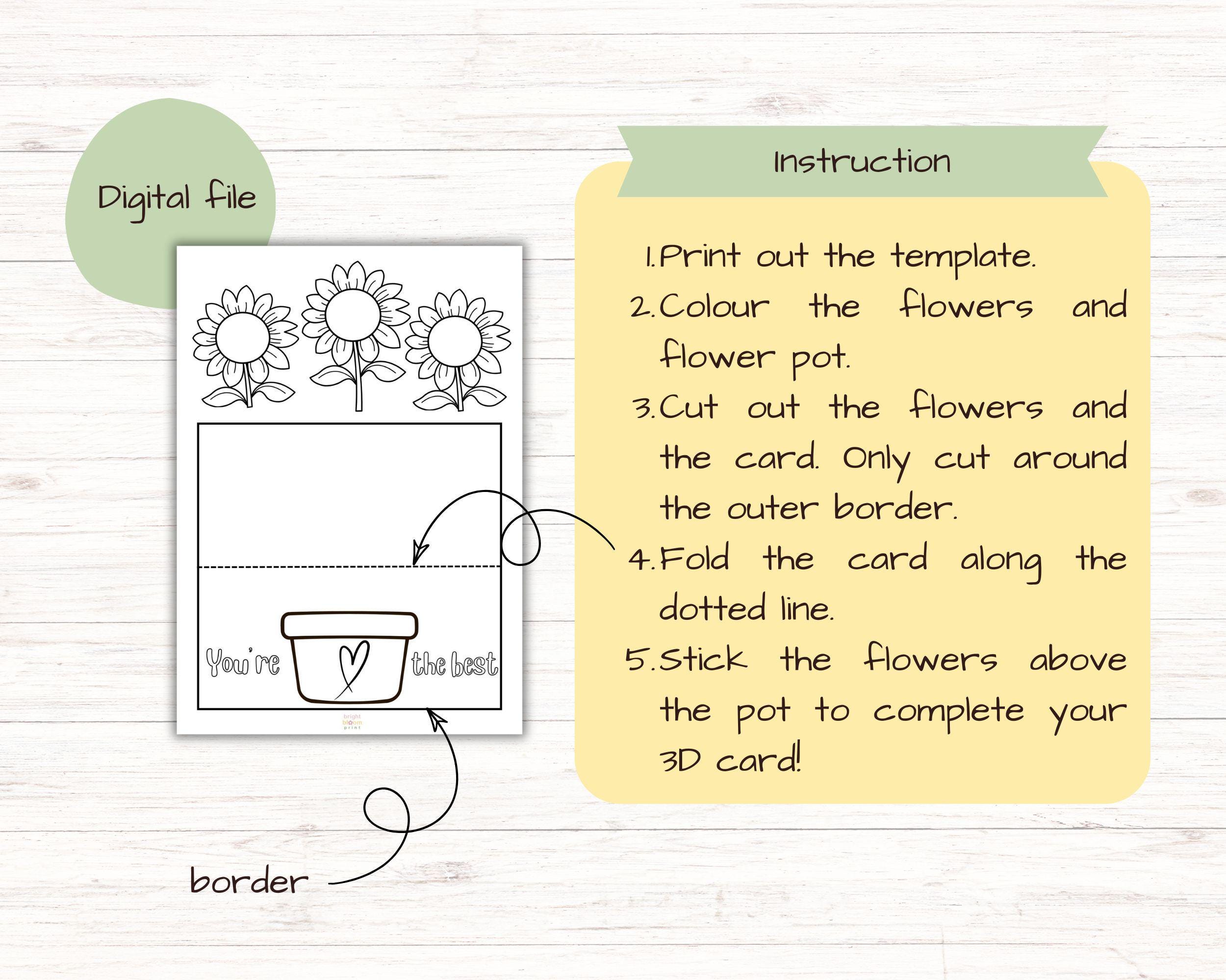 Mother's Day Card Coloring Template Printable | 3D Flower Pot Stand-up ...
