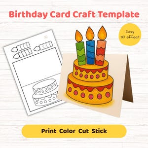 Printable Birthday Coloring Card for Kids 3D Cake Craft, Fun DIY Stand Up Card Preschool Activity Instant Download