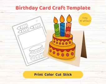 Tarjeta para colorear de cumpleaños imprimible para niños. Manualidad de pastel 3D. Divertida tarjeta de pie para hacer tú mismo. Actividad preescolar. Descarga instantánea.