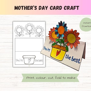 Plantilla imprimible para colorear tarjeta del Día de la Madre / Tarjeta vertical con maceta 3D / Tarjeta DIY para niños / Manualidad para el Día de la Madre