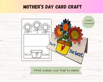 Manualidad para imprimir de tarjeta del Día de la Madre / Tarjeta con forma de maceta / Actividad para colorear para niños / Regalo DIY para el Día de la Madre / Manualidad para el aula