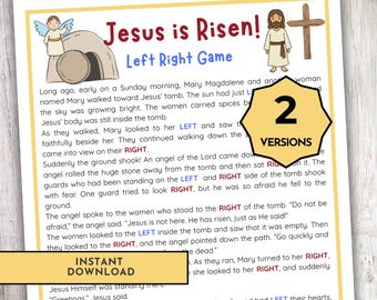 Juego de la historia bíblica de la resurrección de Jesús para niños (izquierda y derecha), actividad sobre la resurrección, juego imprimible para grupos de la escuela dominical, pasa el premio.
