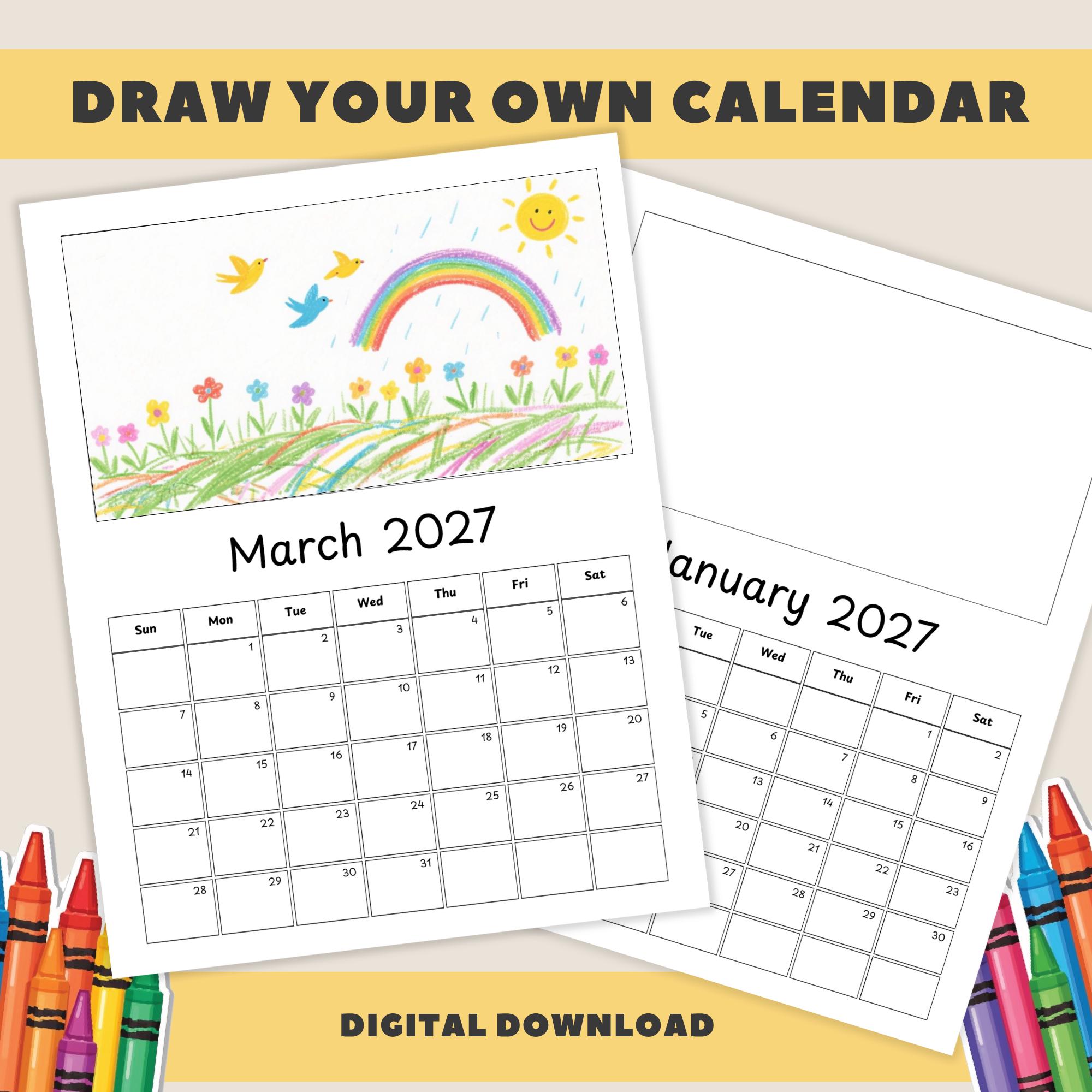2027 Draw Your Own Calendar for Kids: DIY Coloring Calendar, Creative Monthly Art Activity, Printable A4 & 8.5x11