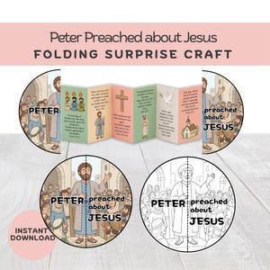 May include: A folding surprise craft titled Peter Preached about Jesus featuring a multi-panel accordion card with illustrations and text, alongside two circular designs, one in full color and one in black and white line art for coloring.