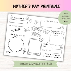 All about my mom printable, Mother&#39;s day coloring activity, Mother&#39;s day gift