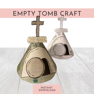 Puede incluir: Dos manualidades de tumbas vacías de papel con cruces. Las tumbas tienen forma de cono con una piedra que bloquea la entrada. El texto incluye "Ha resucitado" y un versículo bíblico. También se ven las palabras "Empty Tomb Craft" e "Instant Download".