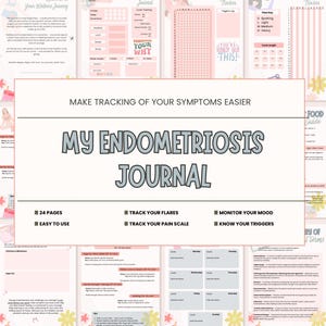 Może przedstawiać: Różowo-biały dziennik do wydrukowania zatytułowany "My Endometriosis Journal". Dziennik został zaprojektowany, aby pomóc w śledzeniu objawów, zaostrzeń, skali bólu i nastroju. Zawiera 24 strony i jest łatwy w użyciu.