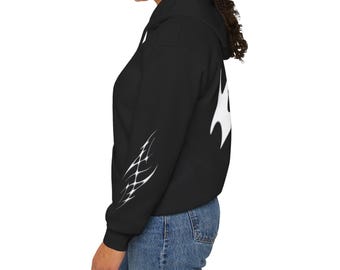Cyber Sigilism Hoodie med Ärmgrafik, Streetwear Techwear Pullover, Futuristiska Klädsel, Cyberpunk Gåva till Honom, Estetisk Unisex Sweatshirt