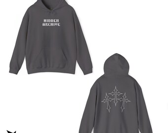 Hidden Archive-hoodie, trippelkorsad ryggdesign, gotisk streetwear-tröja, present till honom, unisex grafisk hoodie, alternativ modepresent