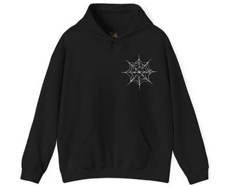 Spindelhuvtröja med spindelnätsdesign på bröst och rygg, gothhuvtröja, alternativ streetwear, punkhuvtröja, halloweenpresent till henne eller honom, unisex