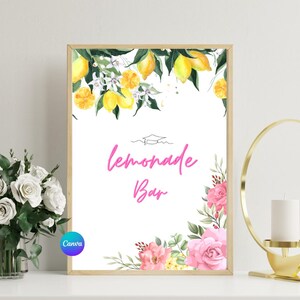 Placa de bar de limonada com limão floral rosa para impressão, cítrico, limão, ela encontrou seu principal sinal de decoração para chá de panela, download instantâneo