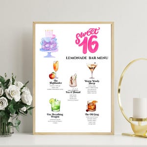 Sweet 16 Birthday Lemonade Bar Recipe Menu Sign Printable, Happy Birthday Girl Party Drink Station Table, DIY Lemonade Stand Bar, 5 Recipes