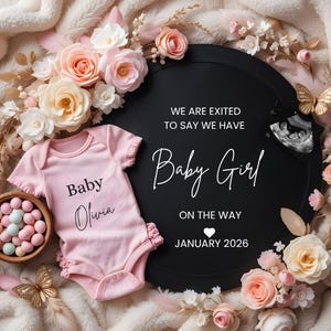 Baby Girl Schwangerschaftsmitteilung Digital | Mädchen-Baby offenbaren | Social-Media-Ankündigung | Geschlecht offenbaren Vorlage
