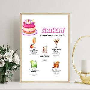 Birthday Party Lemonade Bar Recipe Menu Sign Printable, Sweet Drink Station Table Decor, DIY Lemonade Stand Drink Table, 5 Recipes
