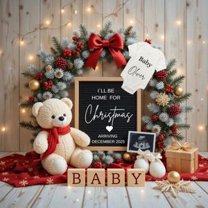 Faire-part de grossesse de Noël numérique, modèle de toile, bébé, faire-part de bébé modifiable, je serai à la maison pour Noël