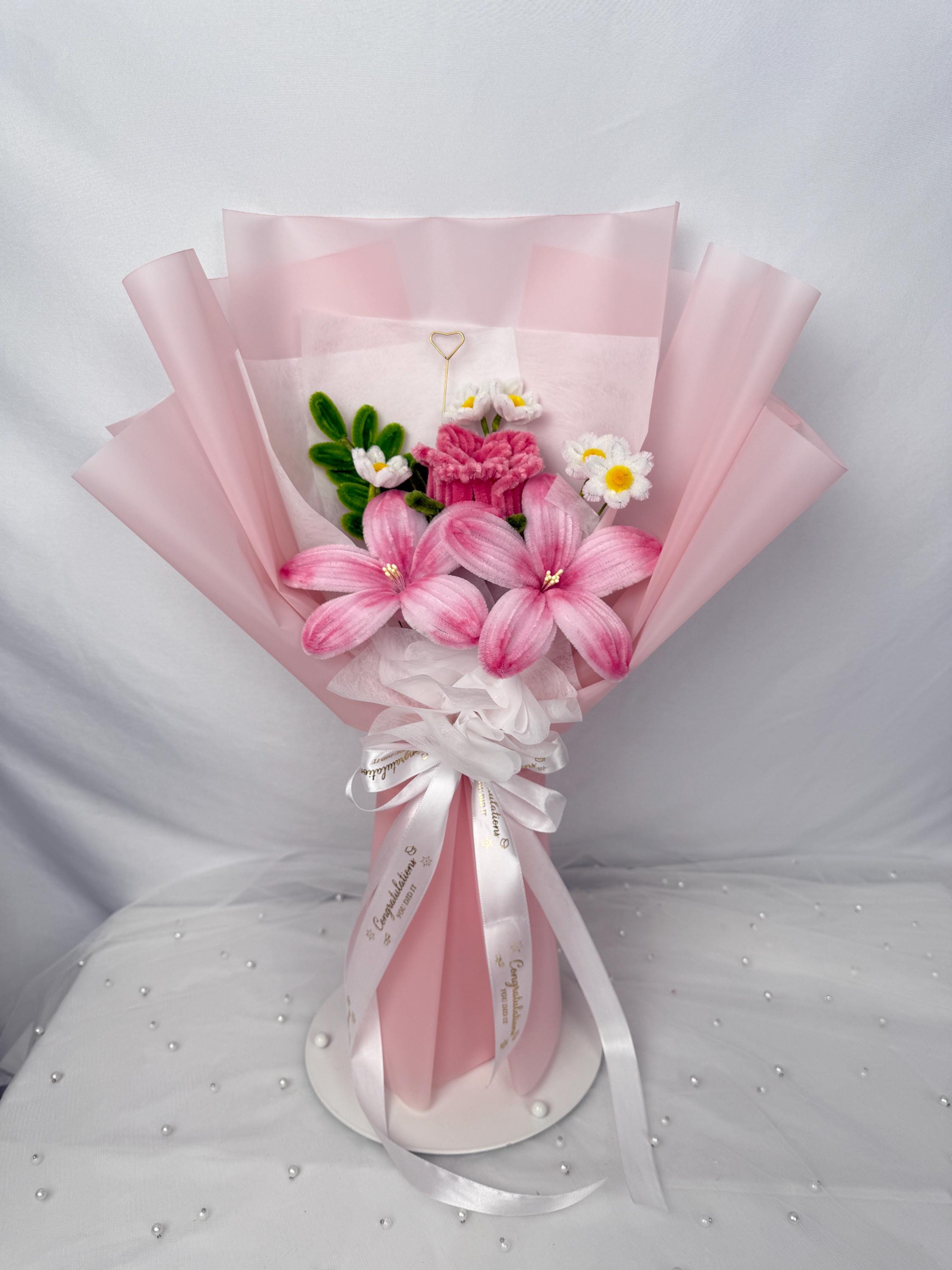 Handmade pipe cleaners Lily rose and daisy graduation bouquet