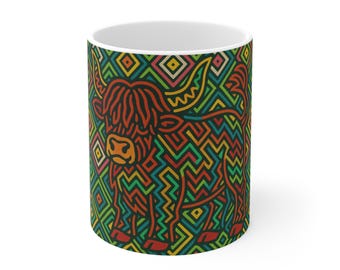 Boho Highland Cow Mug, Colorful Cow Mug, Farmhouse Coffee Cup, Gift for Animal Lovers, Unique Kitchen Decor