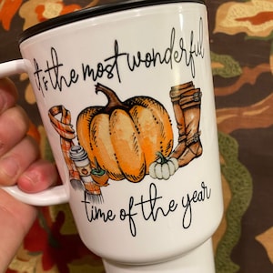 Fall Girl Mug / 15 oz Handmade Travel or Ceramic Coffee Mug / It's the most wonderful time of the year / pumpkins, boots and scarf