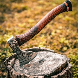 Custom Dragon Axe | Viking Hatchet with Engraved Blade & Carved Wood Handle | Gift for Him | Fantasy Axe | Decorative Battle Axe
