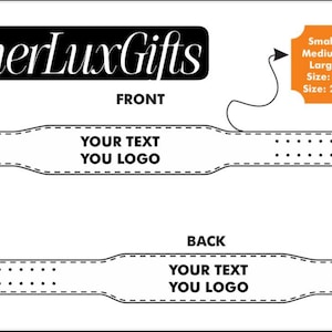 Może przedstawiać: Czarno-biały schemat skórzanego paska, oznaczony jako "Przód" i "Tył", z polami tekstowymi do personalizacji. Pomarańczowa etykieta wskazuje zakresy rozmiarów od 66 do 119 cm.