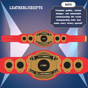 Może przedstawiać: Dwa czerwone pasy mistrzowskie ze złotymi akcentami i tekstem "TOP BANNER", "LOGO" i "BOTTOM BANNER". Pasy są wyświetlane na niebieskim tle. Tekst "LEATHERLUXGIFTS" znajduje się w lewym górnym rogu.