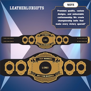 Może przedstawiać: Dwa pasy mistrzowskie z czarnymi skórzanymi paskami i złotymi metalowymi akcentami. Pasy posiadają centralny obszar logo, banery z napisem "TOP BANNER" i "BOTTOM BANNER" oraz tekst "LEATHERLUXGIFTS".