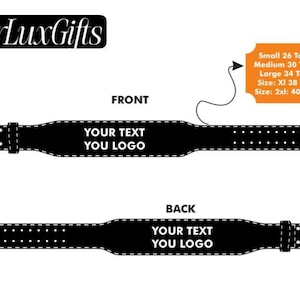 Może przedstawiać: Czarny skórzany pasek z tekstem "YOUR TEXT YOU LOGO" z przodu i z tyłu. Rozmiary od 66 do 119 cm. Logo "LeatherLuxGifts" znajduje się u góry.