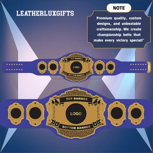 Może przedstawiać: Dwa pasy mistrzowskie z niebieskimi paskami i złotymi akcentami. Każdy pas ma centralną złotą płytkę z czarnym okręgiem na logo oraz tekst "TOP BANNER" i "BOTTOM BANNER". Obraz zawiera tekst "LEATHERLUXGIFTS".
