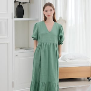 Linen Dress, V-Neck Puff Sleeve Dress, Custom Dress, Linen Maxi Dress, Bohemian midi Dress, Custom Linen Dress, Tailor made Dress for Women