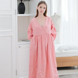 Tailor Made Linen Dress, Long Sleeves Dress, Deep Vneck Maxi Dress, Puff Sleeve Linen Dress, Loose Fit Dress for Women, Comfort Linen Dress