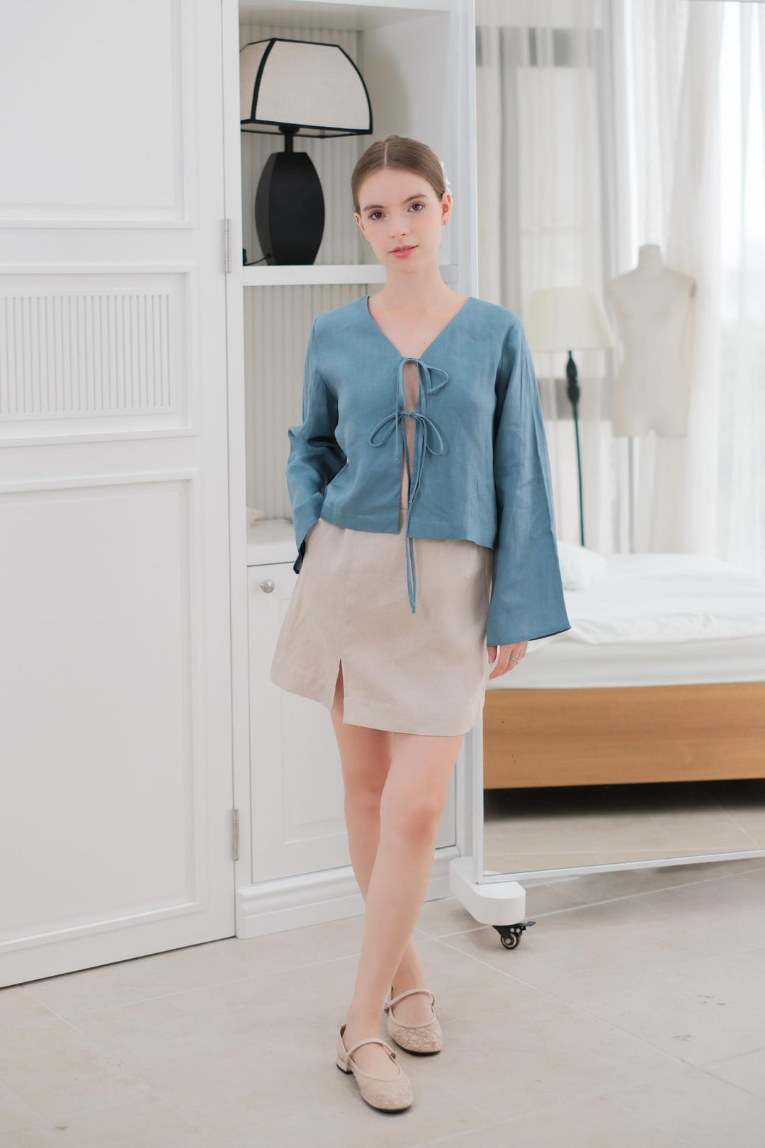 Tie-Up Crop Woven Linen-Look Blouse
