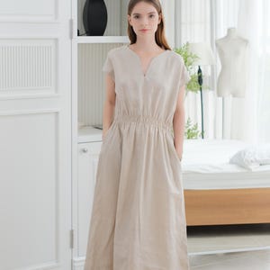 Elastic waist linen dress, V-neck linen dress, Linen summer gown, Short sleeve dress, Custom linen dress, Tailor made dress, Linen Sundress