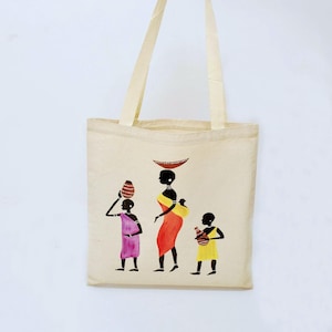 Handbeschilderde canvas draagtas: African Tribal Art Family Design