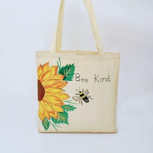 Be Kind Hand Painted Tote Bag, Hand-Painted Sunflower Tote Bag – Eco-Friendly Canvas Bag with Bee & Floral Art