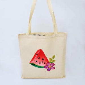 Handmade tote bag canvas for women, Watermelon Slice Hand-Painted Tote Bag – Cute Summer Canvas Bag with Fruit & Floral Art