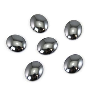 May include: Six oval-shaped, polished hematite beads. Each bead has a smooth, reflective surface that captures light, creating a metallic sheen. The beads are a dark, gunmetal gray color and are arranged against a white background.