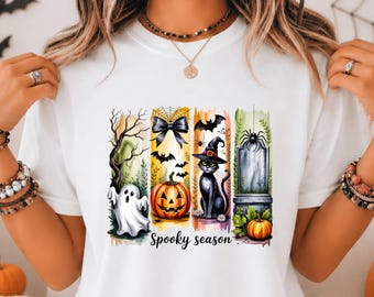 Spooky Season Halloween Shirt, Retro Ghost Tee, Vintage Pumpkin Black Cat Graphic, Witchy Fall T-Shirt, Cute Halloween Party Tee, Gift