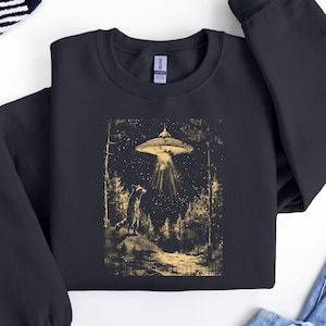 UFO-Katzen-Sweatshirt, Retro Vintage Western-Sweat, lustiges Katzen-Sweatshirt, Alien übergroßes grafisches T-Shirt, trendiges UFO-Katzen-Sweatshirt für Frauen