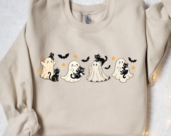 Ghost Black Cats Sweatshirt, Halloween Black Cat Sweatshirt, Spooky Season Tees, Funny Ghost Cat Outfit, Cute Pumpkin Clothing Gifts