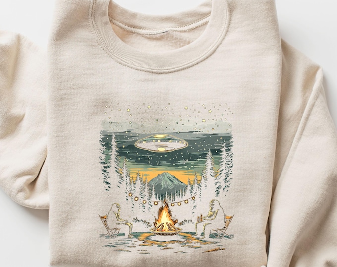 Bigfoot Sweatshirt, Funny Camping Hoodie, Camping With Bigfoot Shirt, Funny Animal Shirt, Sasquatch Shirt,Bigfoot UFO Funny Alien Sweatshirt