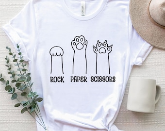 Camiseta divertida de gato, camiseta con pata de gato de piedra, papel o tijera, regalo para amantes de los gatos, camiseta de gato de piedra, papel o tijera, camiseta gráfica divertida para amantes de los animales