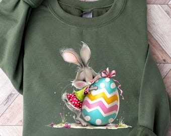 Easter Bunny Egg Illustration Sweat, Pastel Spring Rabbit  Sweater, Holiday Graphic  Hoodie, Women Cozy Seasonal Wear