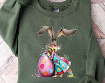 Easter Bunny Patch Sweat, Egg Illustration Hoodie, Pastel Spring Rabbit Art Sweater, Holiday Graphic Design Sweatshirt