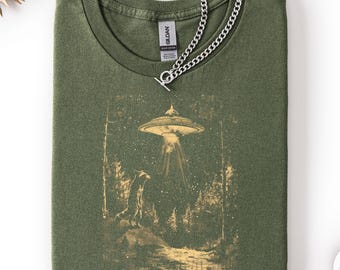 Camiseta de gato OVNI, camiseta retrô vintage de faroeste, camiseta engraçada de gato, camiseta gráfica grande de alienígena, camiseta moderna de gato OVNI para mulheres, camiseta de gatinho do Velho Oeste