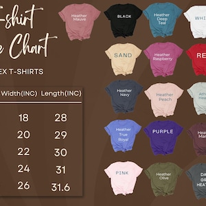 May include: A t-shirt size chart with measurements in inches. The chart includes sizes S to XXL, with corresponding widths and lengths. Various t-shirt colors are displayed, including black, white, red, and purple.