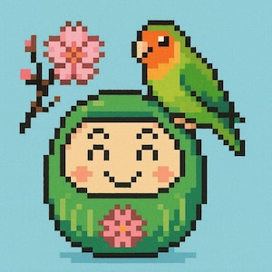 Japanese Daruma Doll and Parrot Cross Stitch Pattern