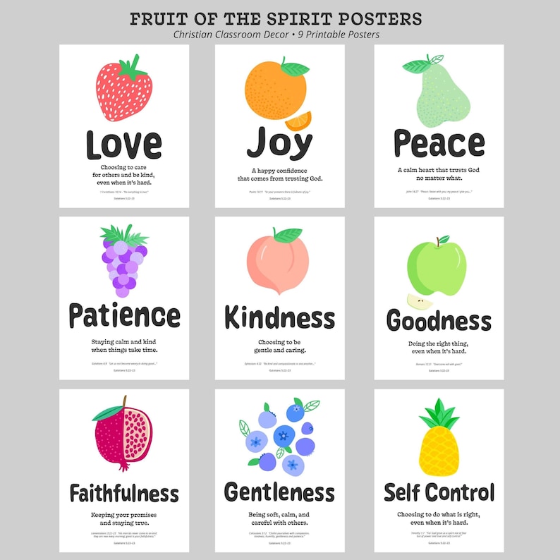 Faith Based Learning Posters Nine Biblical Character Traits Christian Educational Wall Art Set Printable Digital Download Teaching Resources Homeschool Sunday School Visual Aids Kids Room Scripture Memory Tools Character Development