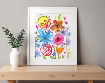 Watercolor Garden Wall Art Print Floral Nursery Decor Girl Nursery Wall Art Botanical Flower Print  Cottagecore Nursery Decor Wildflower Art